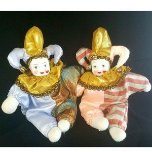 Vintage Porcelain Harlequin 9.5' tall set of 2 blue and pink